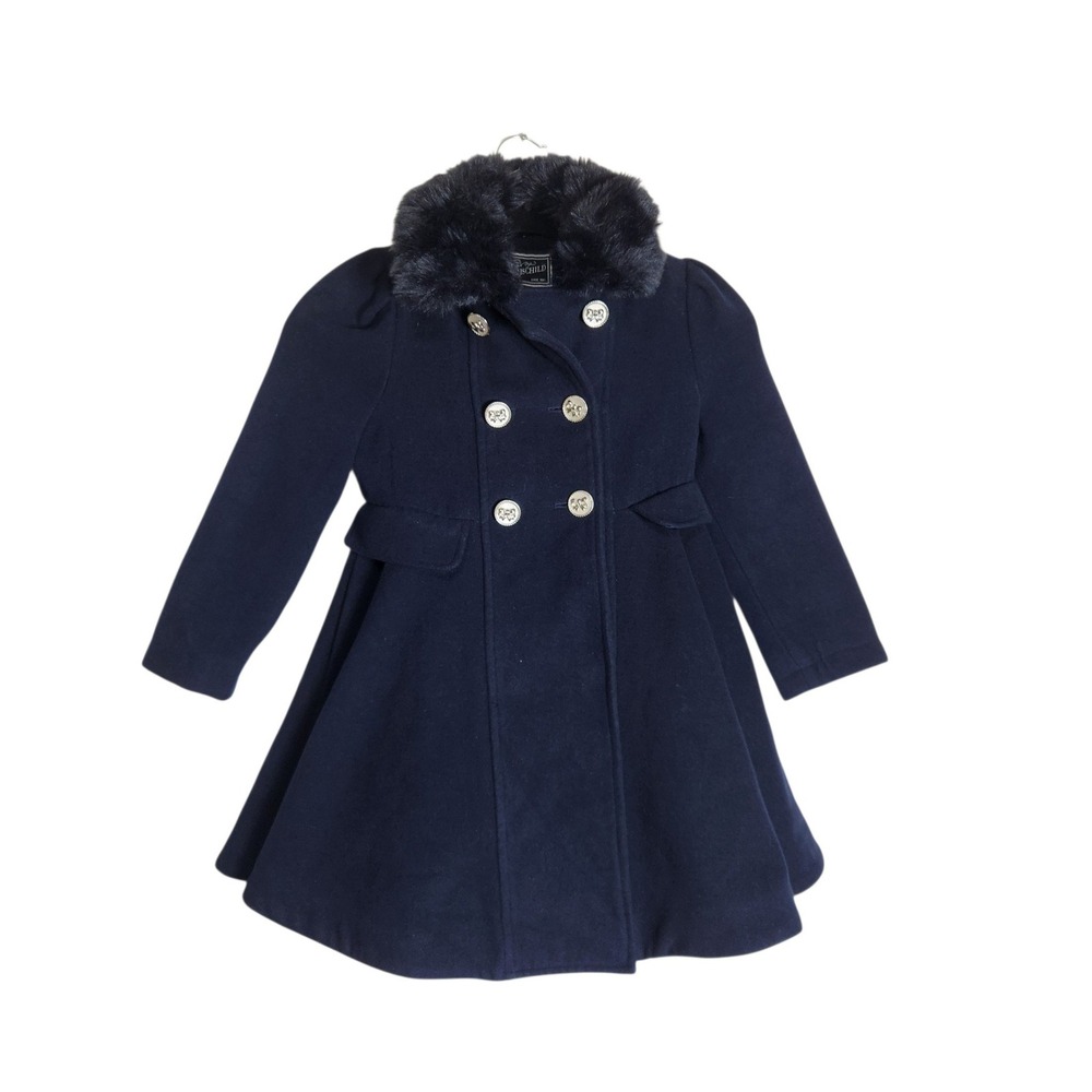 Rothschild Girls Navy Blue Faux Fur Collar Double Breasted Dress Coat Size 6/6X